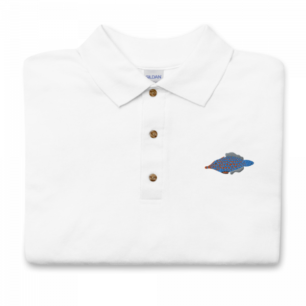 ReefMerch Polo shirt white orange spotted filefish fish